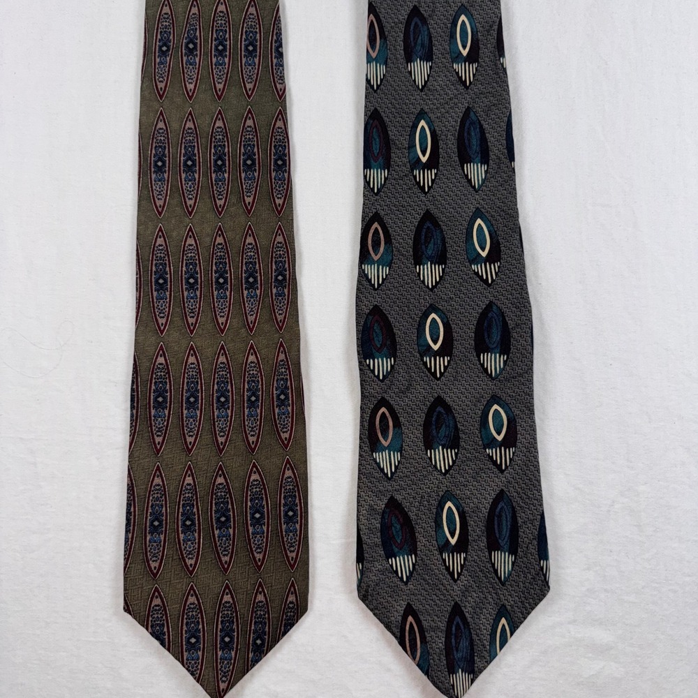 Masetti Silk Necktie Lot Men OS Green Grey Geometric Abstract Made in USA 2pc